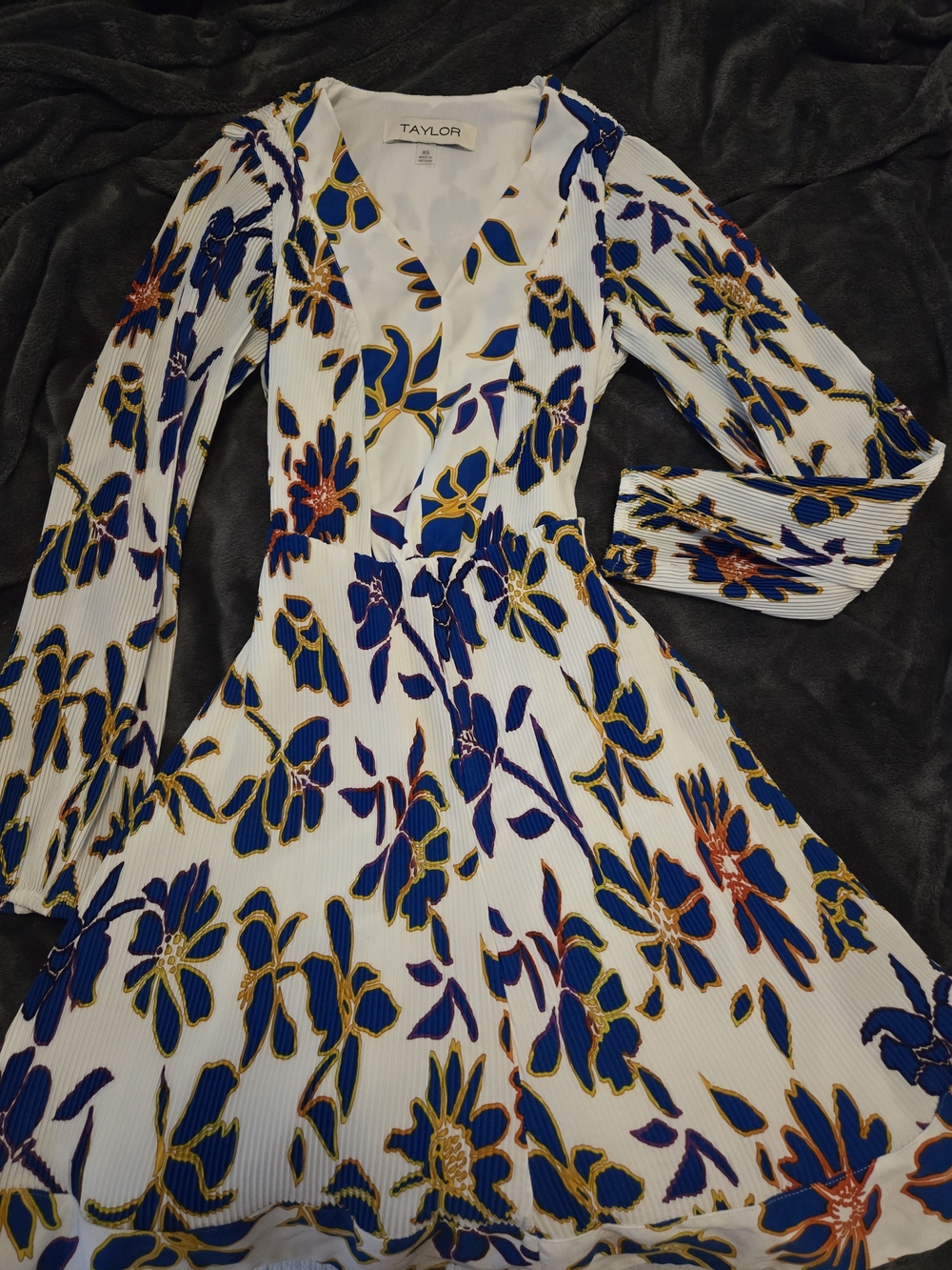 Taylor White Long-Sleeve Floral Wrap Dress with Blue & Gold Print